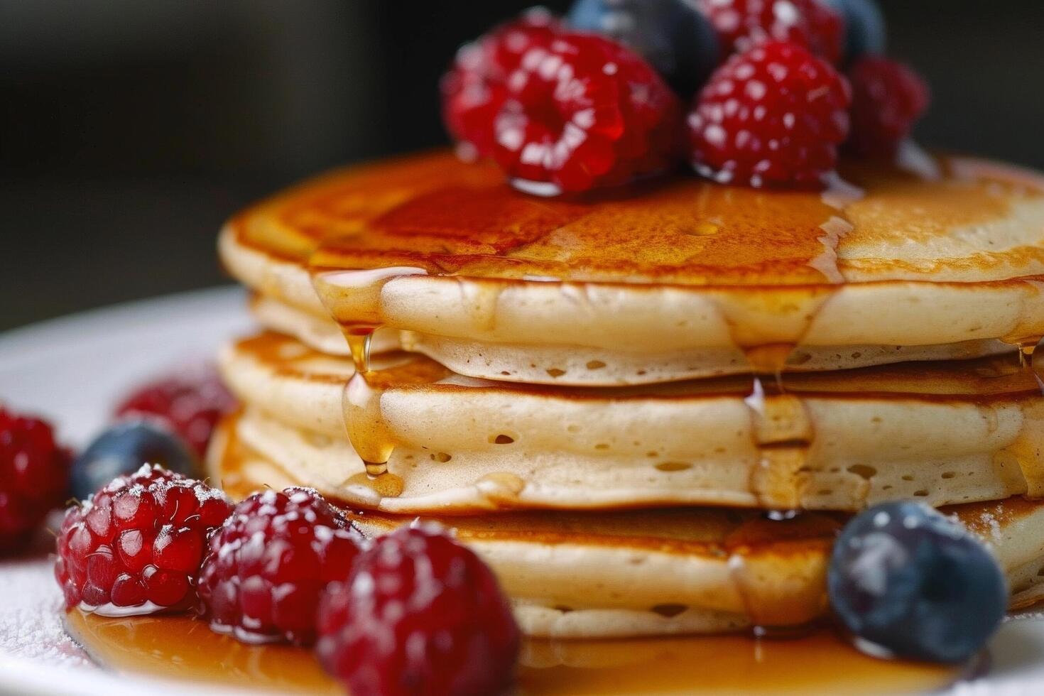 Fluffy pancakes drizzled with maple syrup and topped with fresh berries. photo