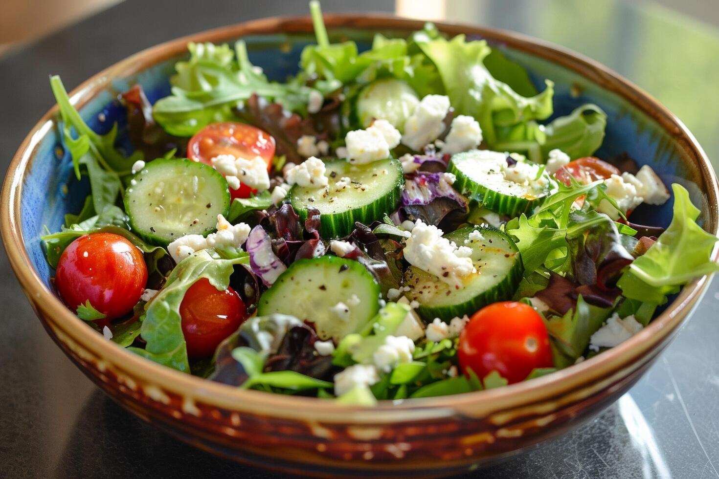 un vistoso ensalada lleno de frondoso verduras. Cereza Tomates, Pepino y se desmoronó queso feta queso foto