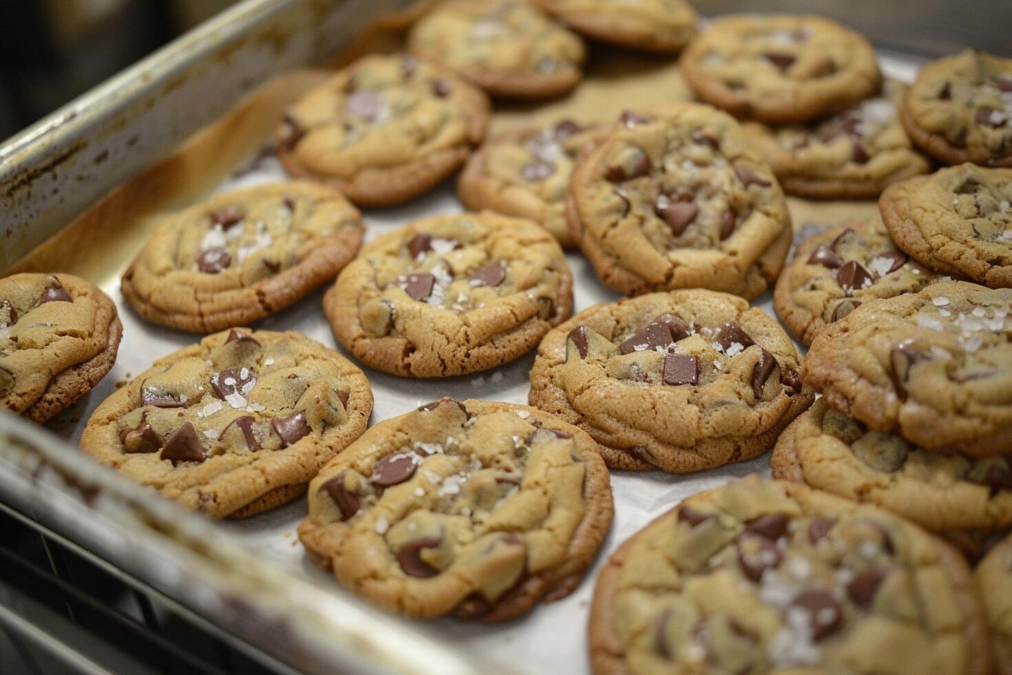 Tray of freshly baked chocolate chip cookies photo