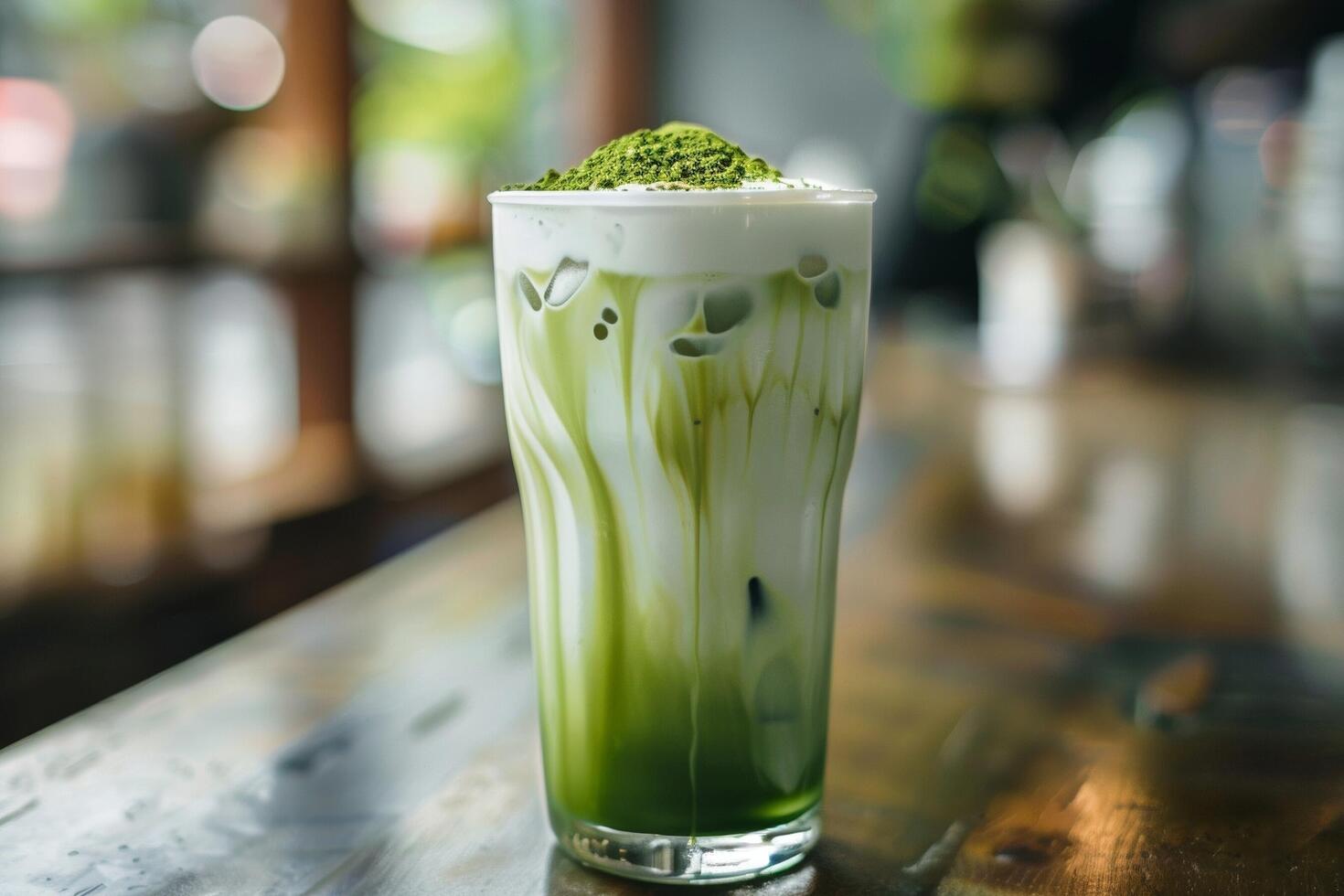 Iced matcha tea in a tall glass with milk. Sprinkle with matcha powder. photo