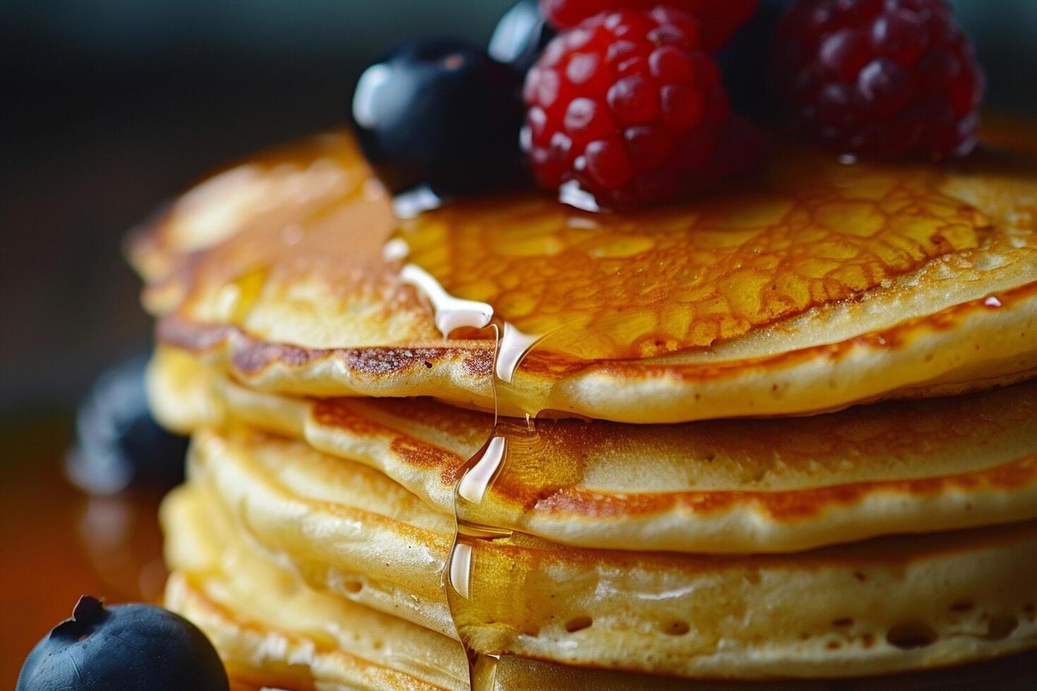 Fluffy pancakes drizzled with maple syrup and topped with fresh berries. photo