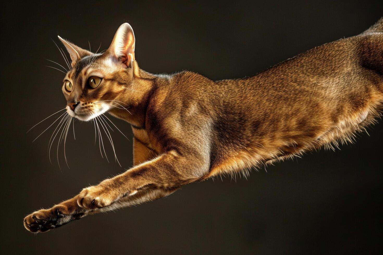 un pulcro y ágil abisinio gato saltando graciosamente mediante el aire, sus piel reluciente con dorado Destacar foto