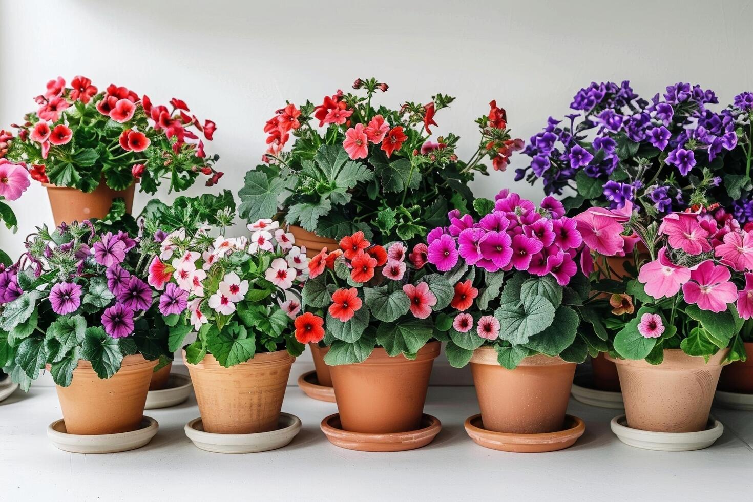 Group of colorful flowering plants in terracotta pots photo