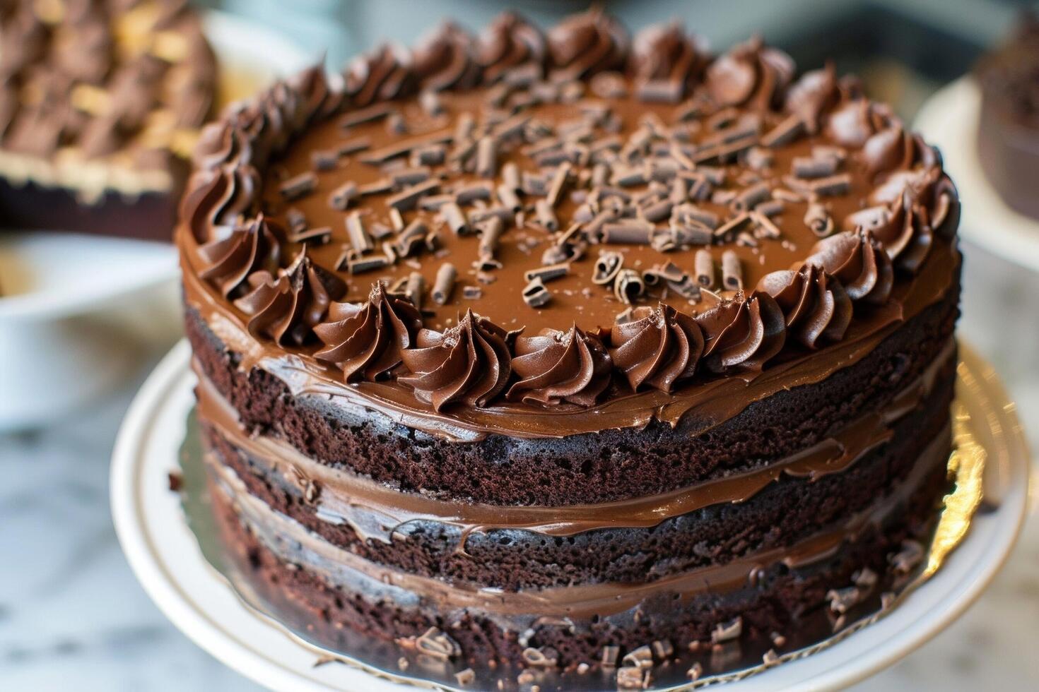 A superb chocolate cake with rich ganache and layers of chocolate crumbs. photo