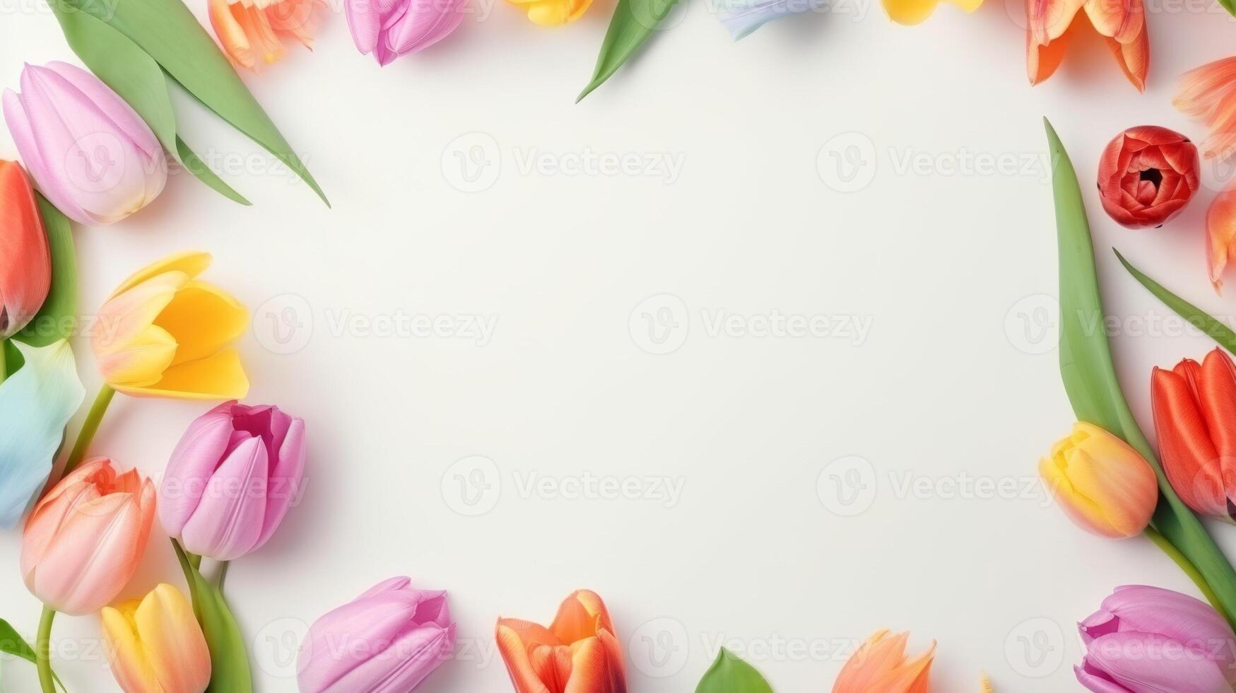 Colorful Tulips Blossoming in Spring Garden Isolated on White Banner for Copy Space Vibrant Floral Nature for Text and Promotion photo