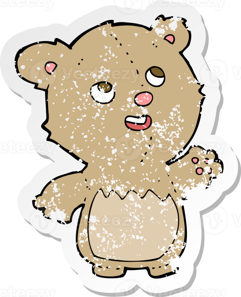 retro distressed sticker of a cartoon happy little teddy bear png