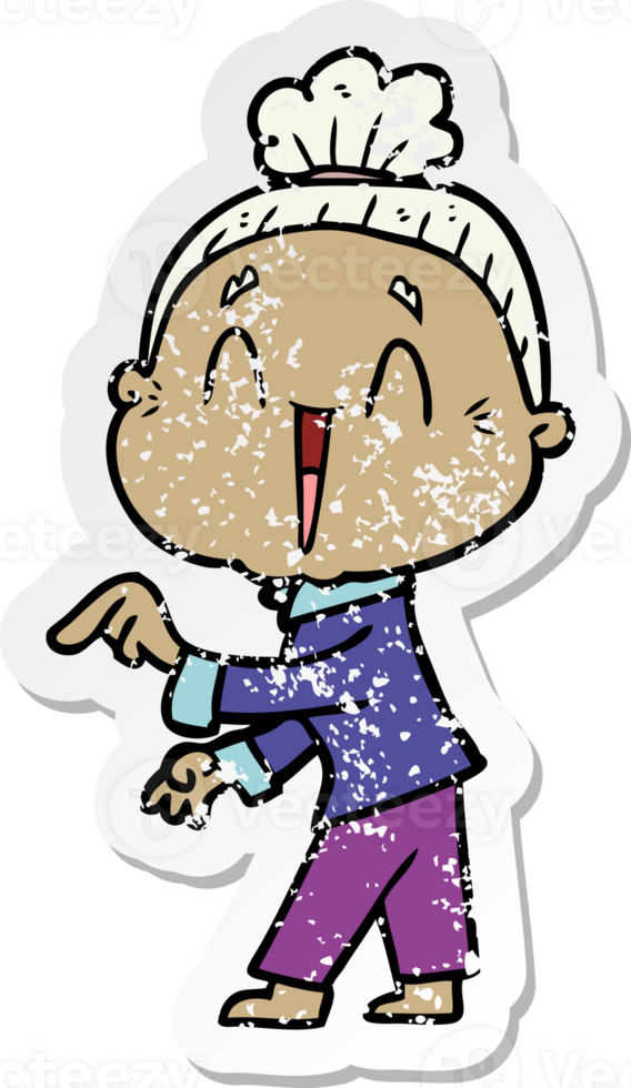 distressed sticker of a cartoon happy old lady png