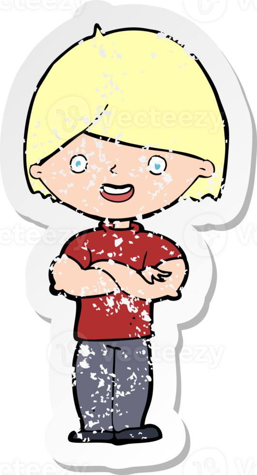 retro distressed sticker of a cartoon man with crossed arms png