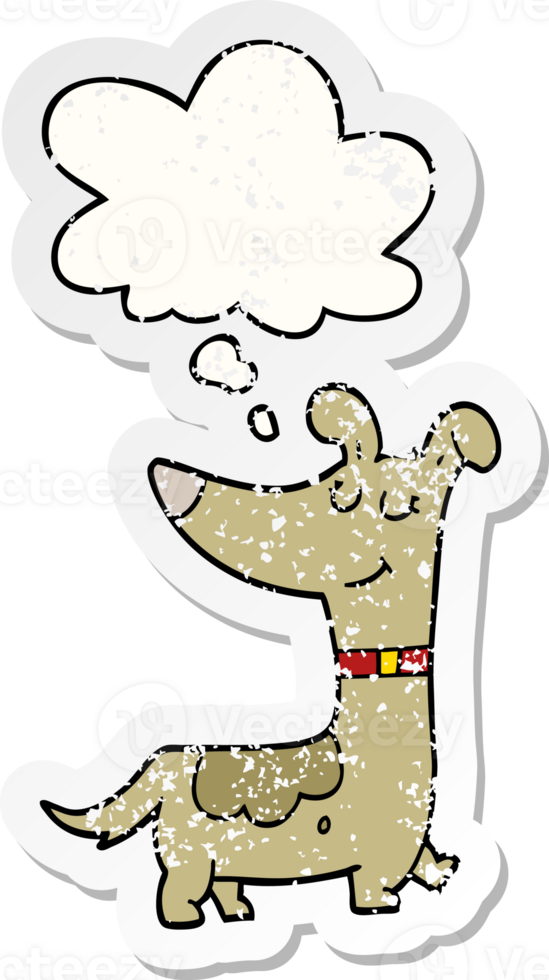 cartoon dog and thought bubble as a distressed worn sticker png