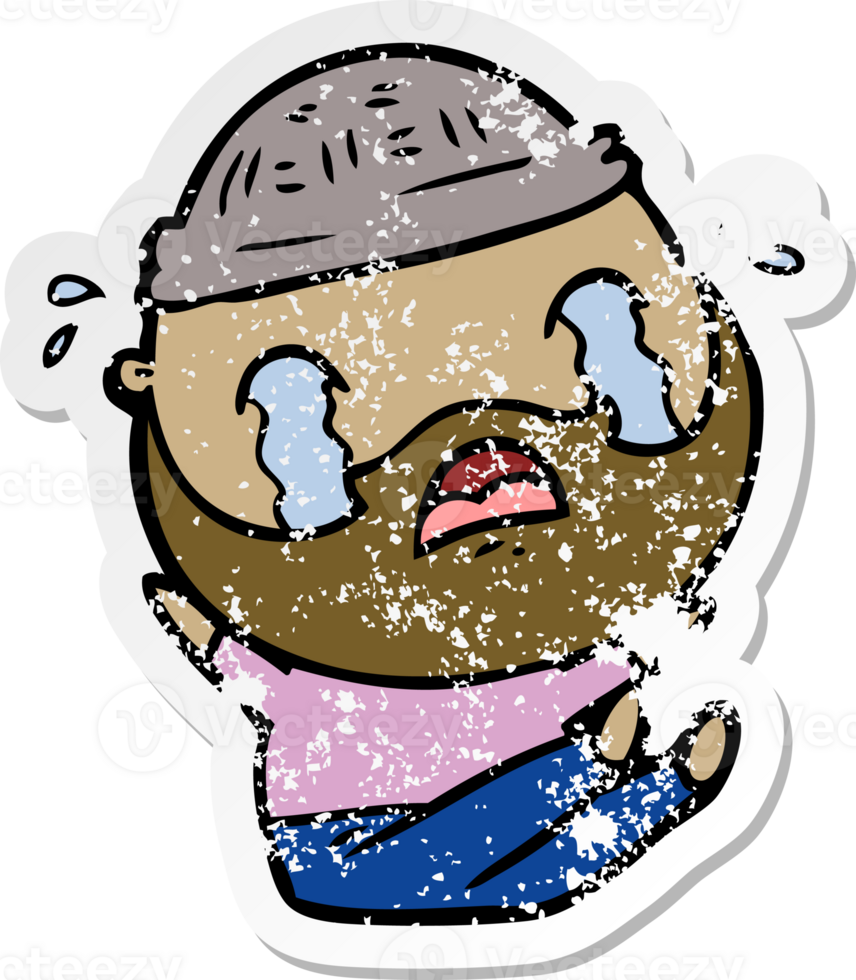 distressed sticker of a cartoon bearded man crying png