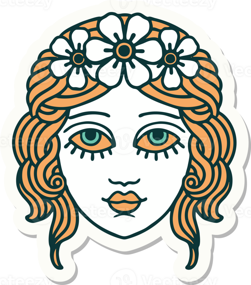 tattoo style sticker of female face with crown of flowers png