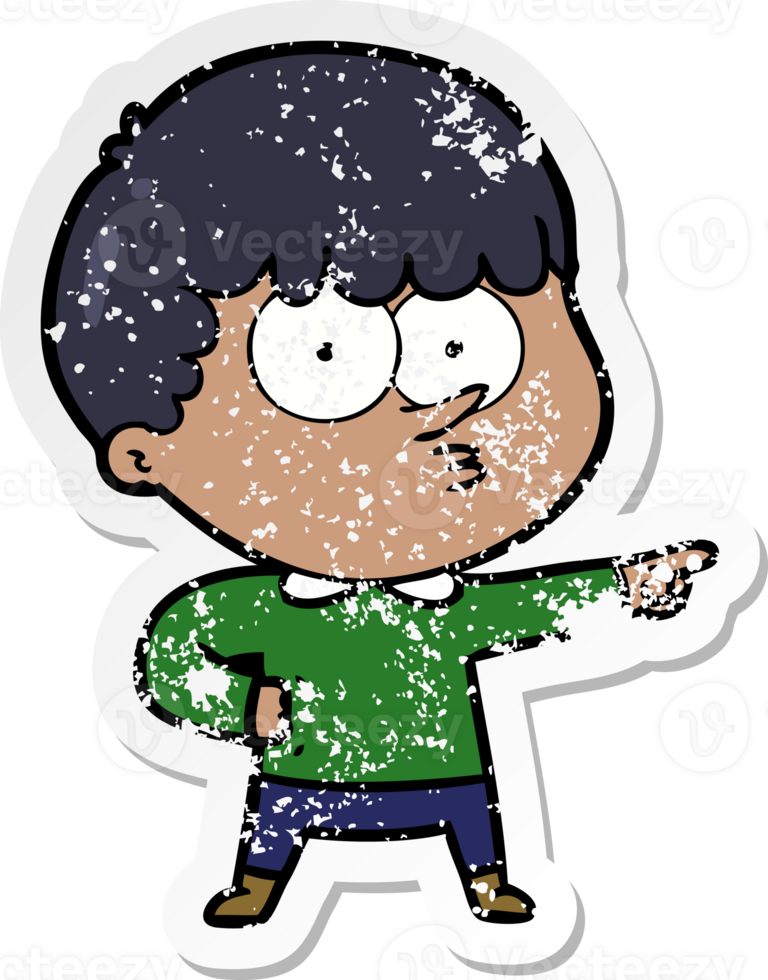 distressed sticker of a cartoon pointing boy png