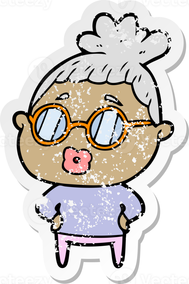 distressed sticker of a cartoon librarian woman wearing spectacles png
