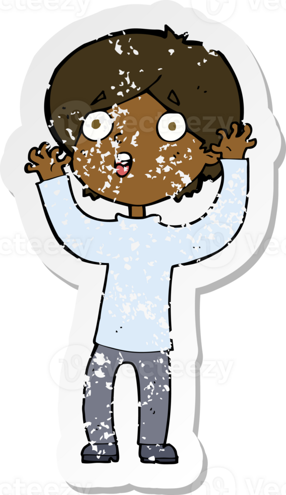 retro distressed sticker of a cartoon frightened man png