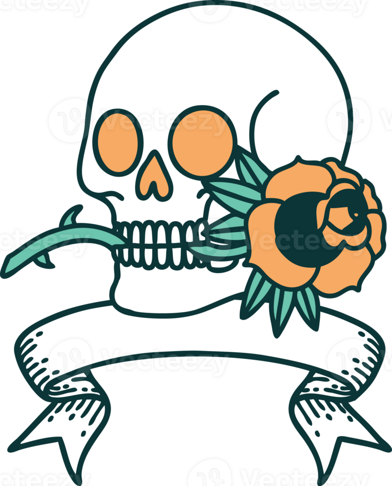 tattoo with banner of a skull and rose png