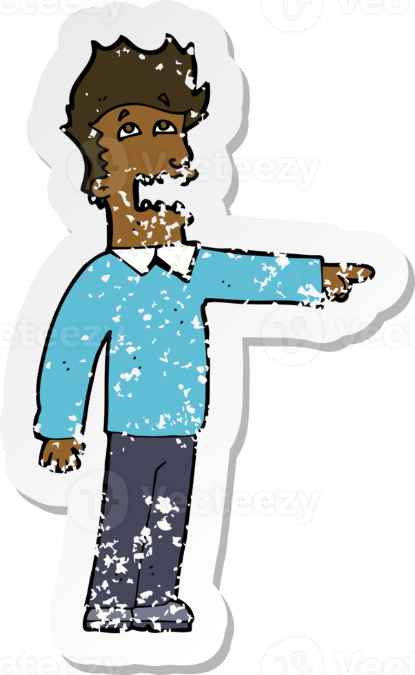 retro distressed sticker of a cartoon man accusing png