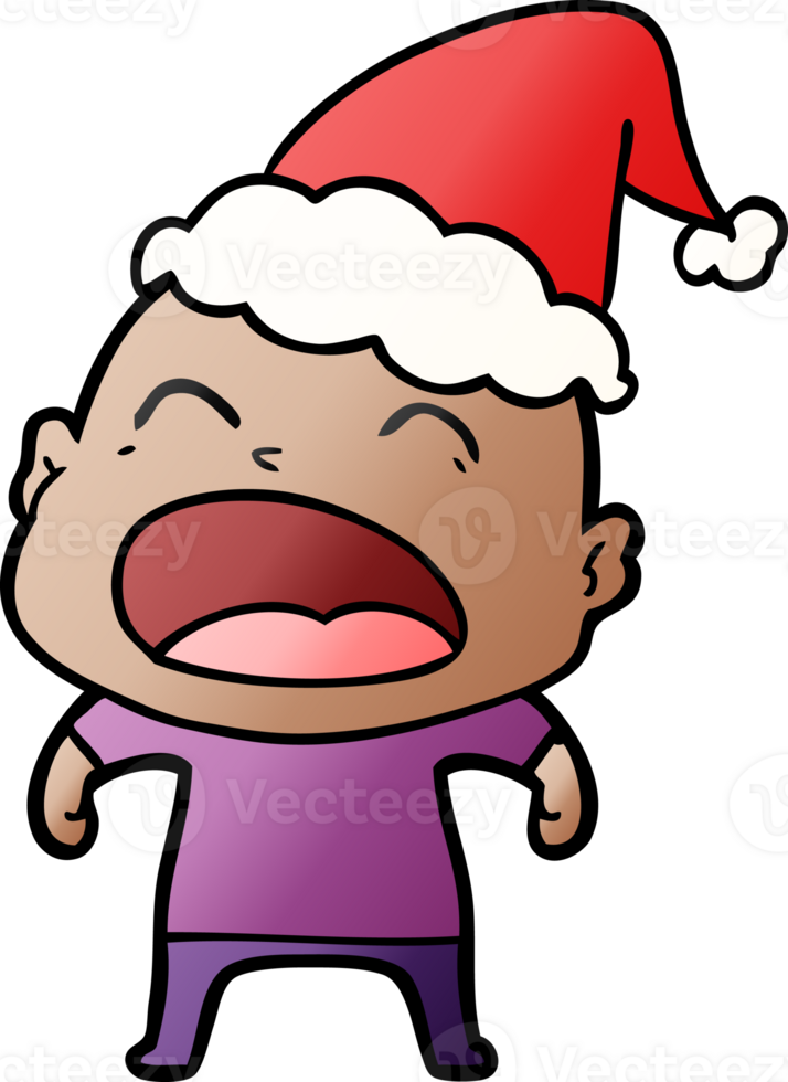 hand drawn gradient cartoon of a shouting bald man wearing santa hat png