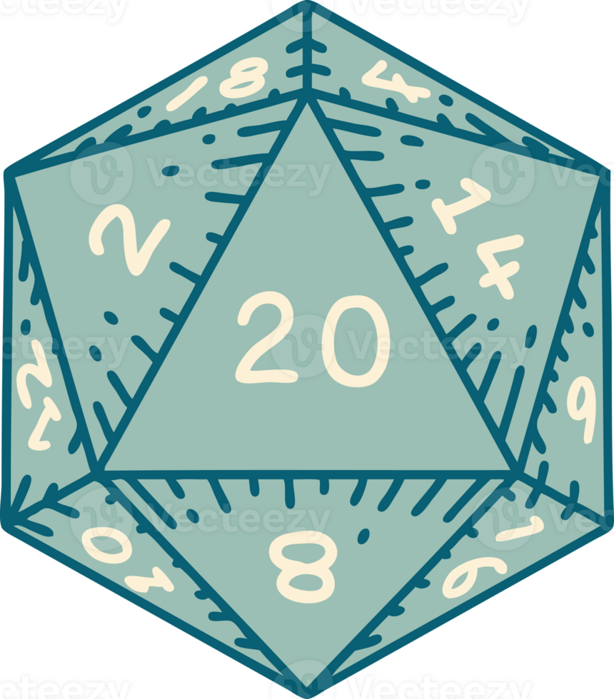 iconic tattoo style image of a d20 dice png