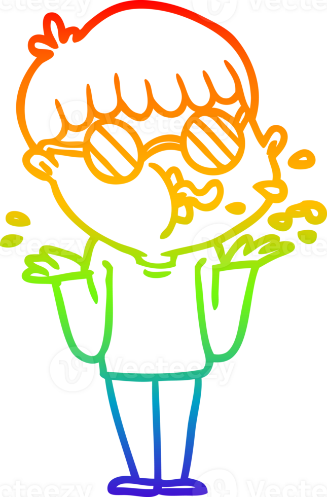 rainbow gradient line drawing of a cartoon boy wearing spectacles shrugging shoulders png