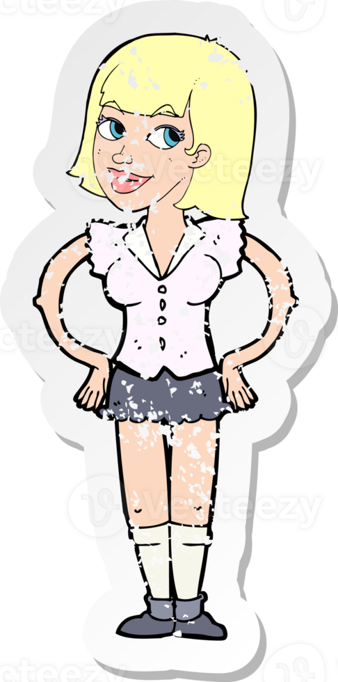retro distressed sticker of a cartoon woman with hands on hips png