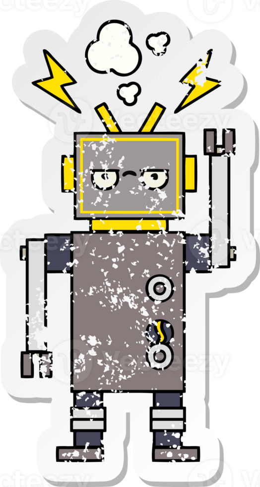 distressed sticker of a cute cartoon malfunctioning robot png