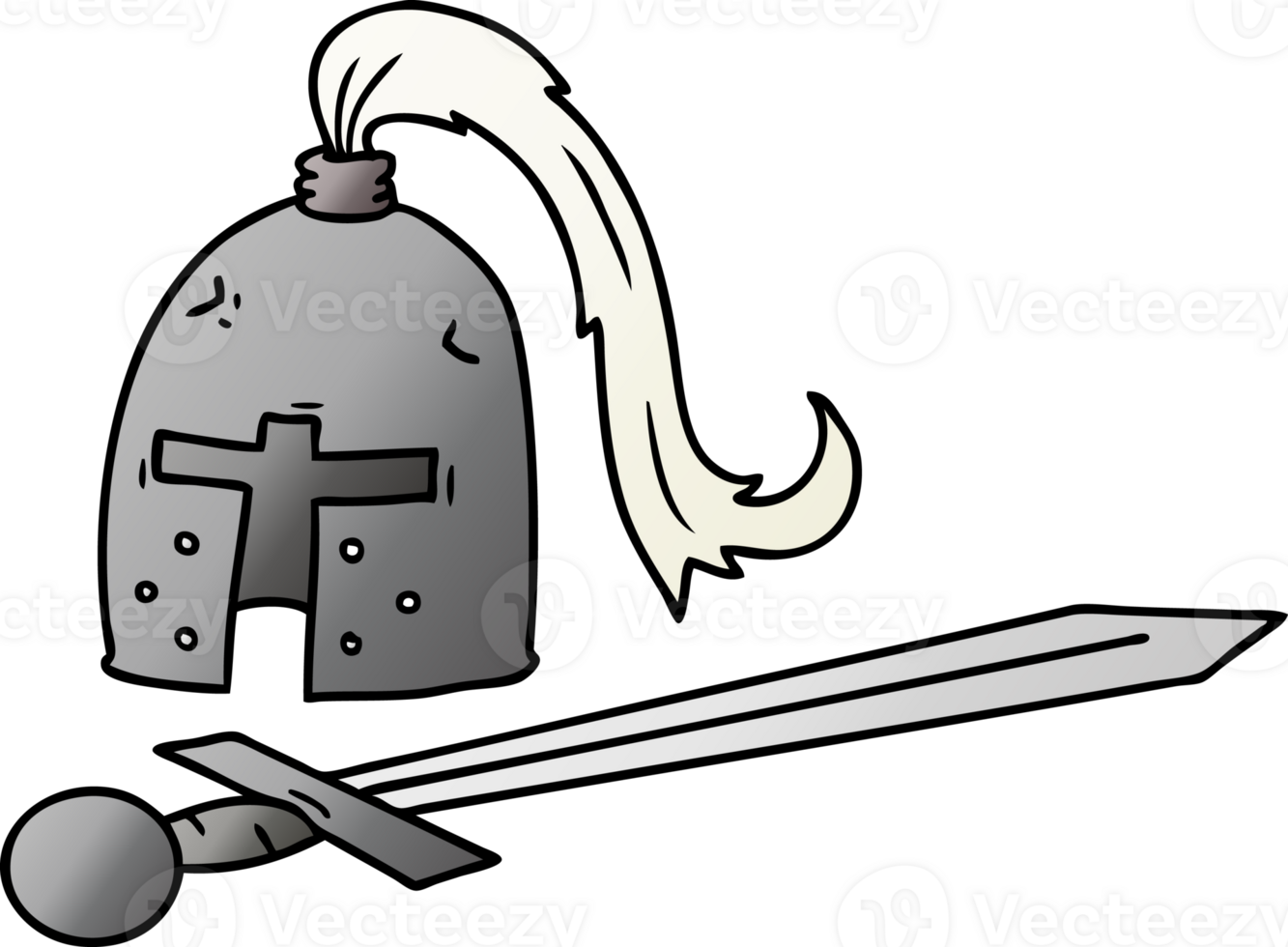 gradient cartoon doodle of a medieval helmet and sword png