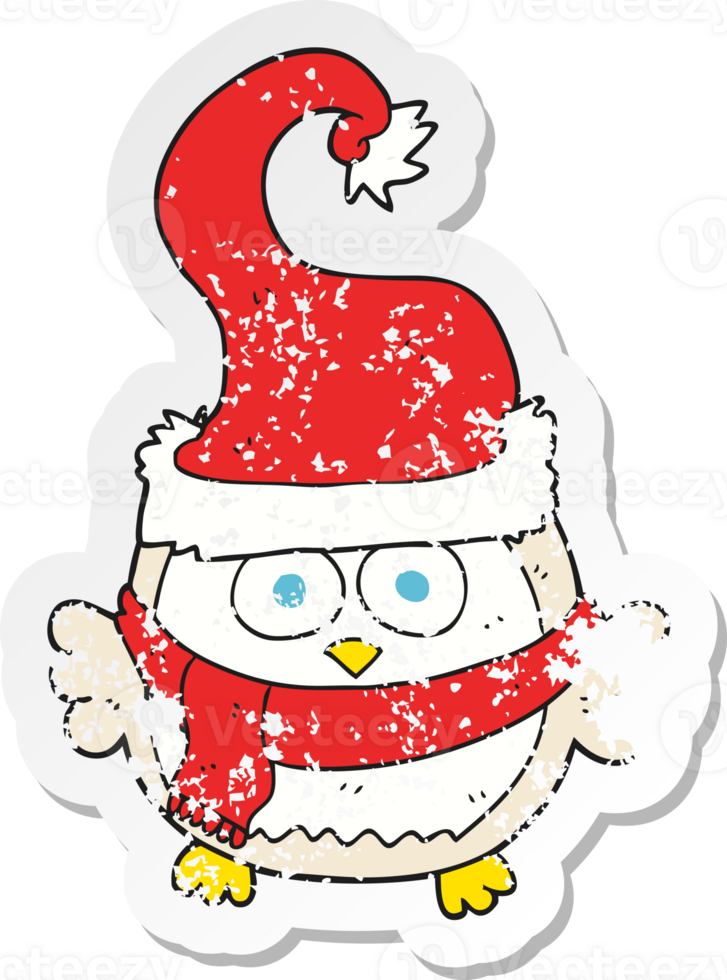 retro distressed sticker of a cartoon owl wearing christmas hat png