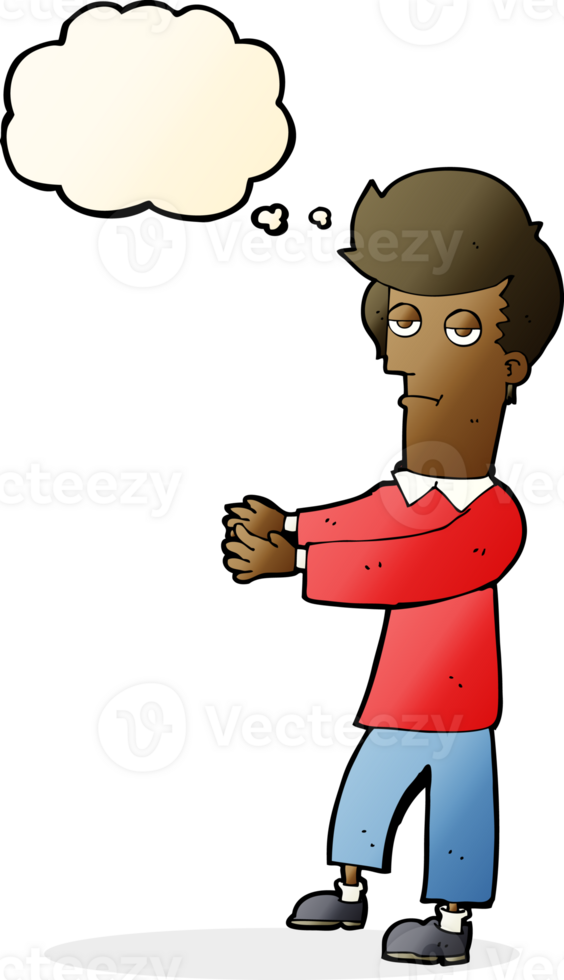 cartoon bored man showing the way with thought bubble png