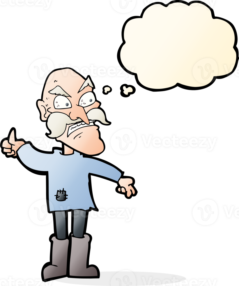 cartoon angry old man in patched clothing with thought bubble png