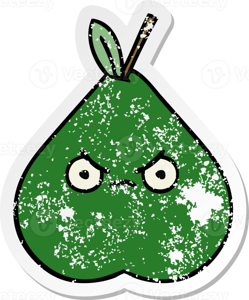 distressed sticker of a cute cartoon angry pear png