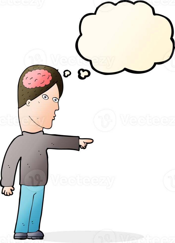 cartoon clever man pointing with thought bubble png