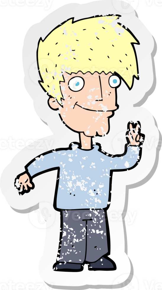 retro distressed sticker of a cartoon man giving peace sign png