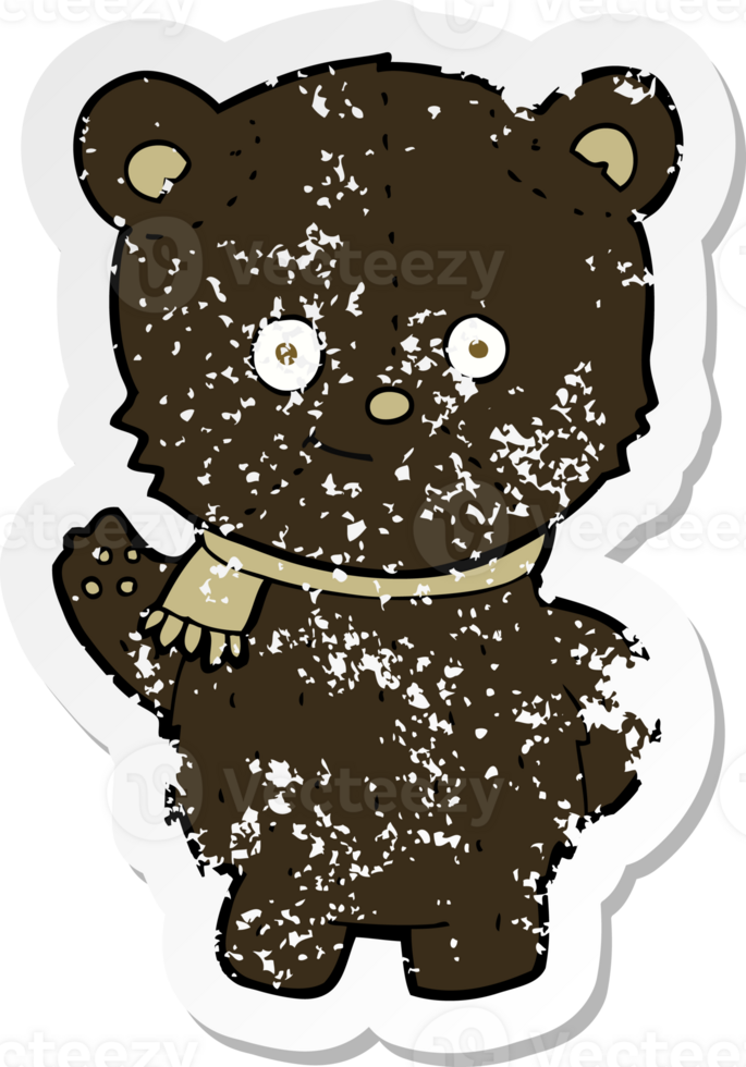 retro verontruste sticker van een schattige cartoon zwarte beer die zwaait png