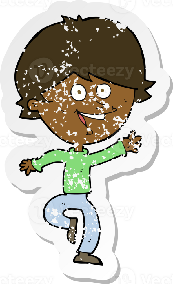 retro distressed sticker of a cartoon happy waving boy png