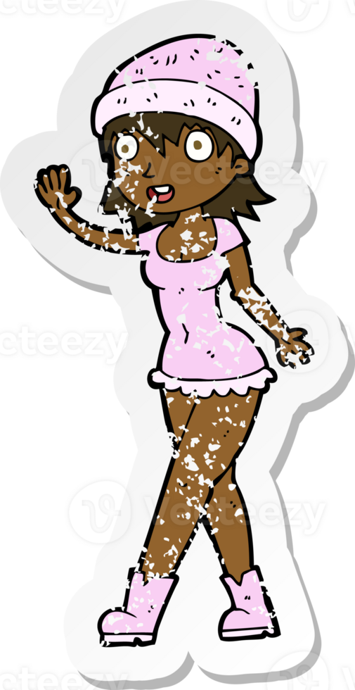 retro distressed sticker of a cartoon pretty girl in hat waving png