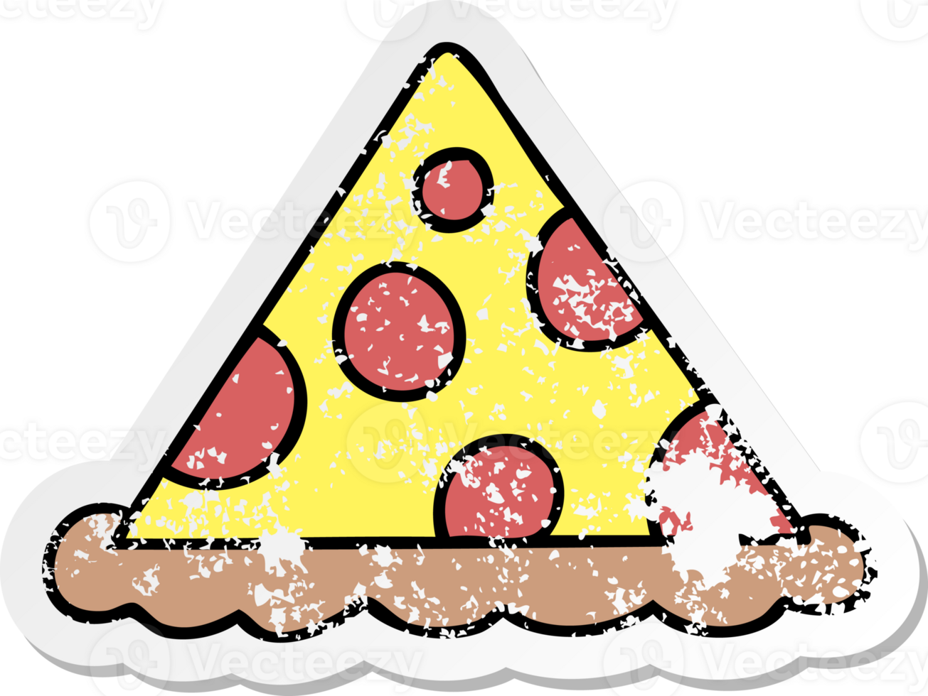 distressed sticker of a quirky hand drawn cartoon slice of pizza png