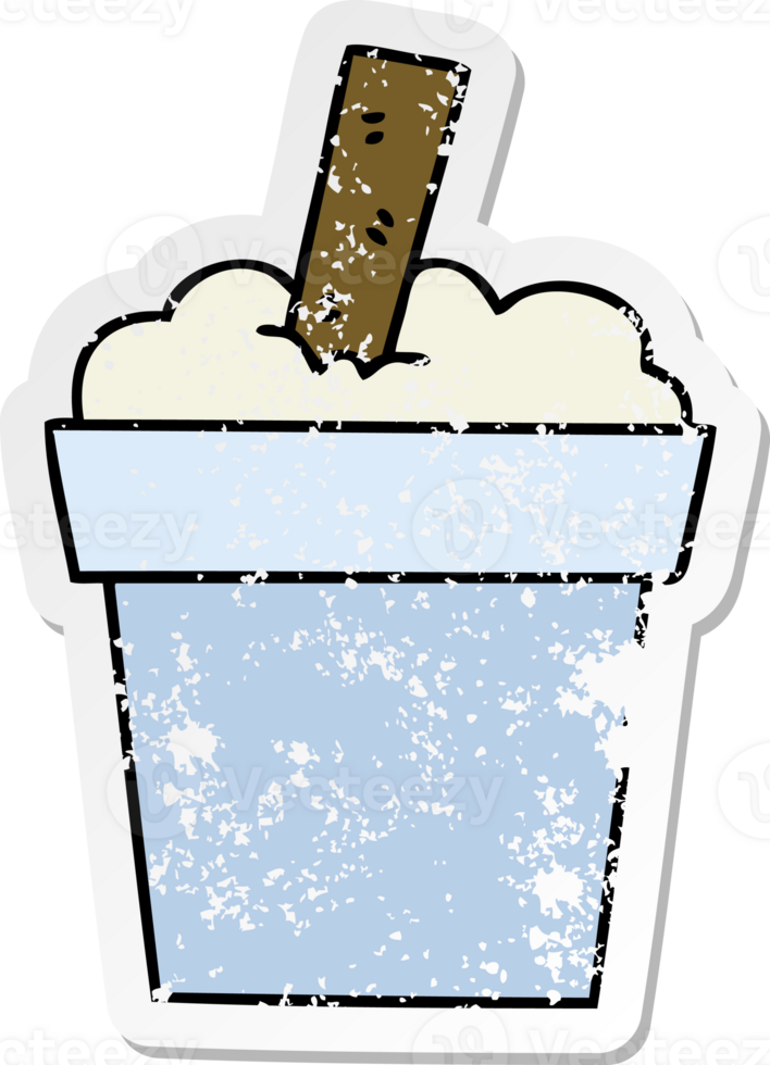 distressed sticker of a quirky hand drawn cartoon ice cream pot png