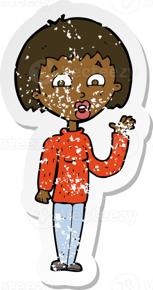retro distressed sticker of a cartoon woman waving png