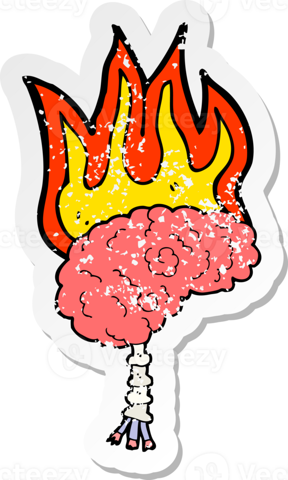 retro distressed sticker of a cartoon brain on fire png