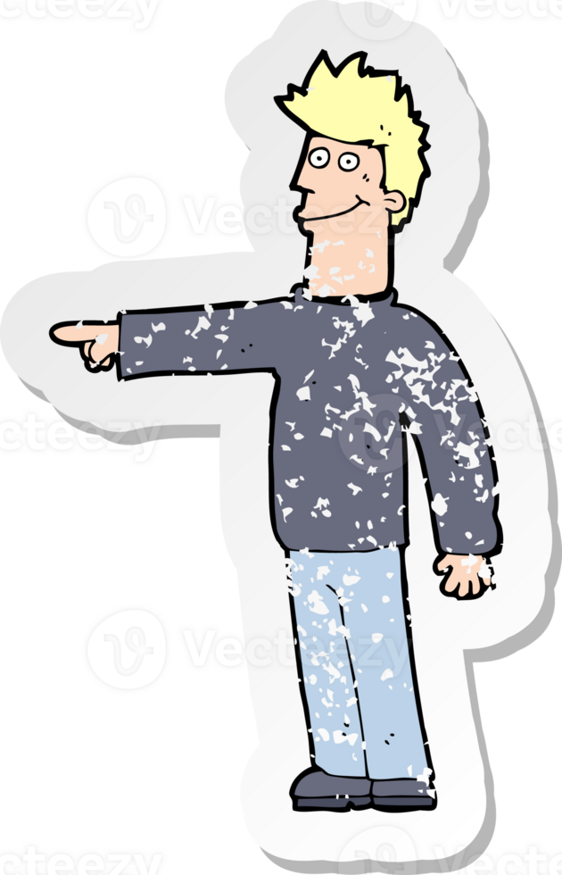 retro distressed sticker of a cartoon happy pointing man png