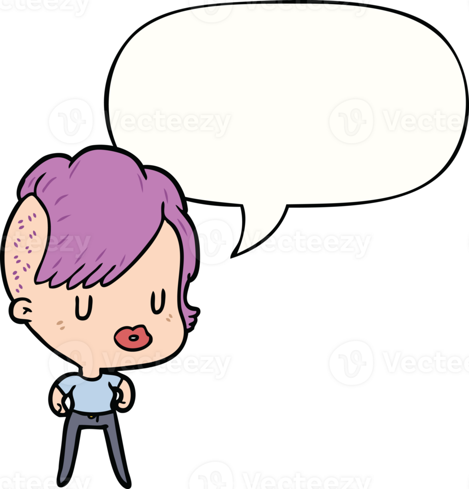 cartoon girl with punk hipster haircut with speech bubble png