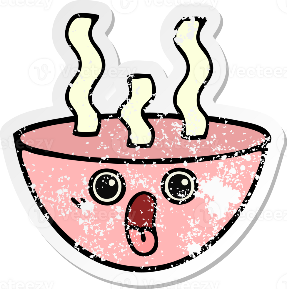distressed sticker of a cute cartoon bowl of hot soup png