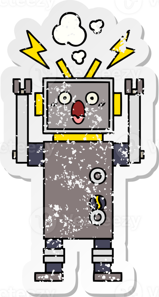 distressed sticker of a cute cartoon malfunctioning robot png