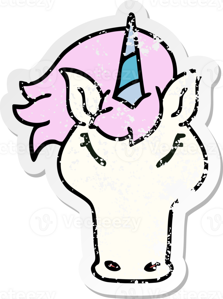 distressed sticker of a quirky hand drawn cartoon unicorn png