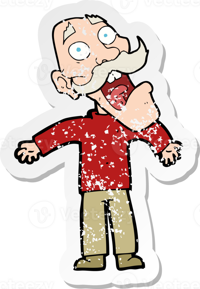 retro distressed sticker of a cartoon terrified old man png