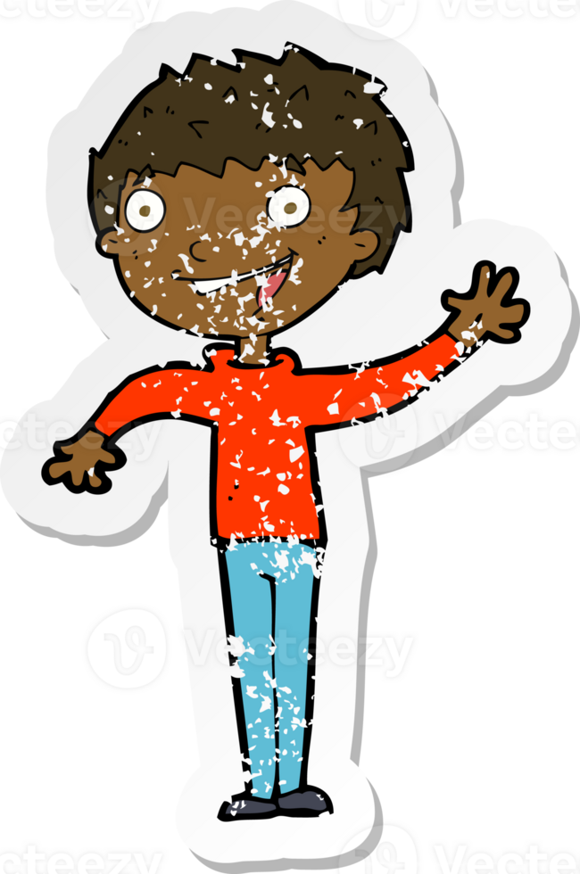 retro distressed sticker of a cartoon happy boy waving png