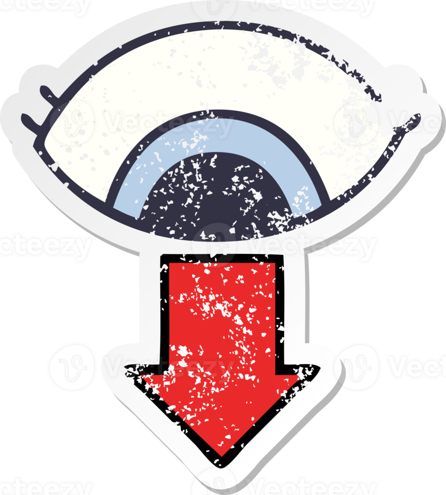 distressed sticker of a cute cartoon eye pointing down png