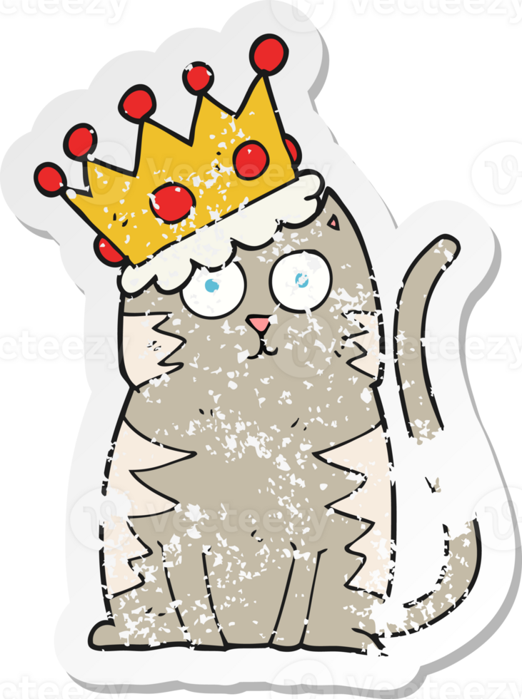 retro distressed sticker of a cartoon cat with crown png