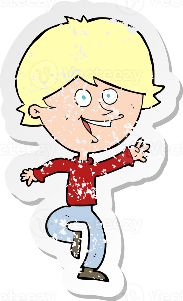 retro distressed sticker of a cartoon happy waving boy png
