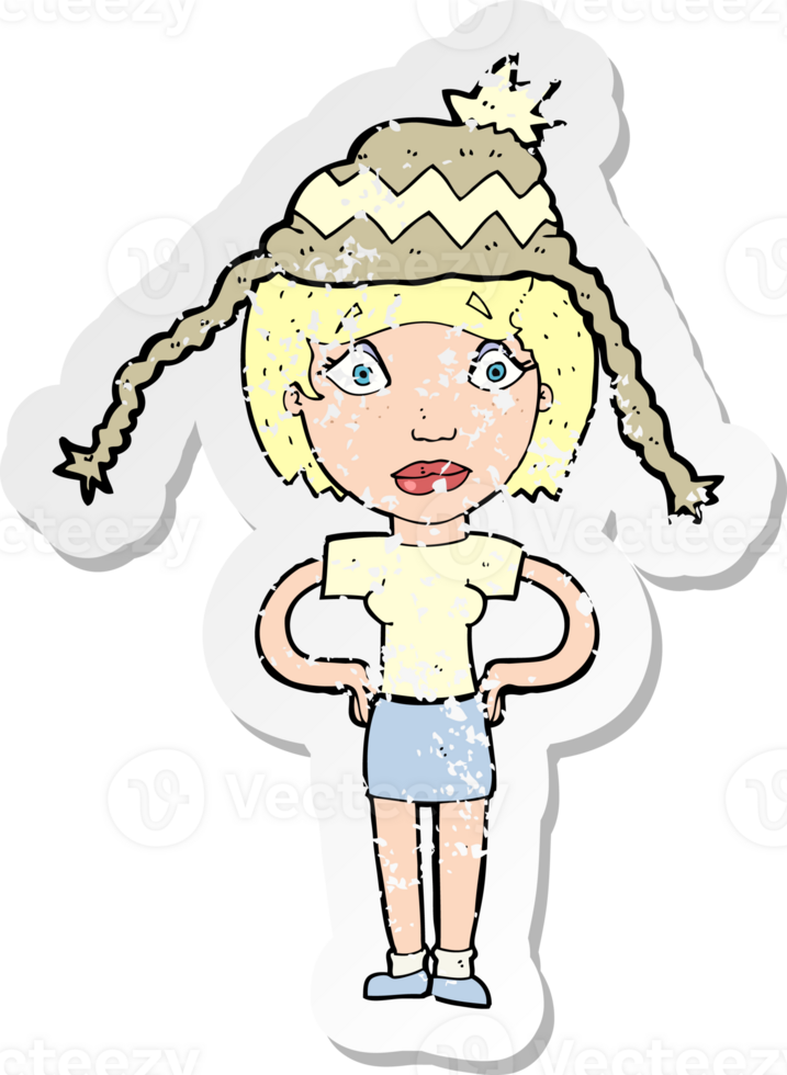 retro distressed sticker of a cartoon woman wearing winter hat png